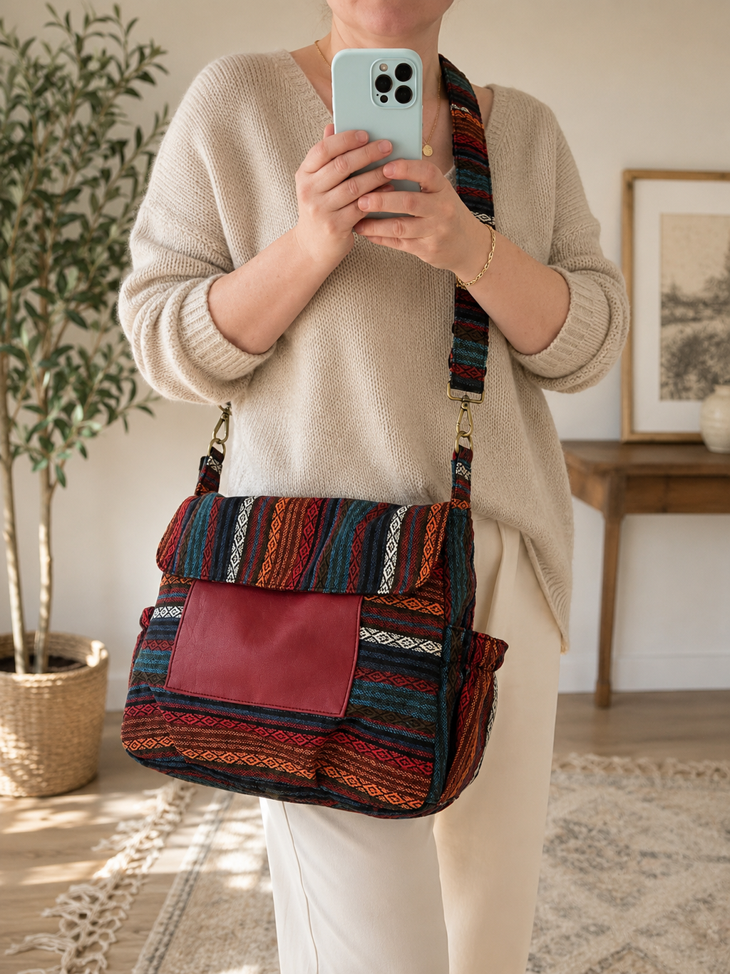 Handmade Boho Messenger Bag with Genuine Leather Pocket