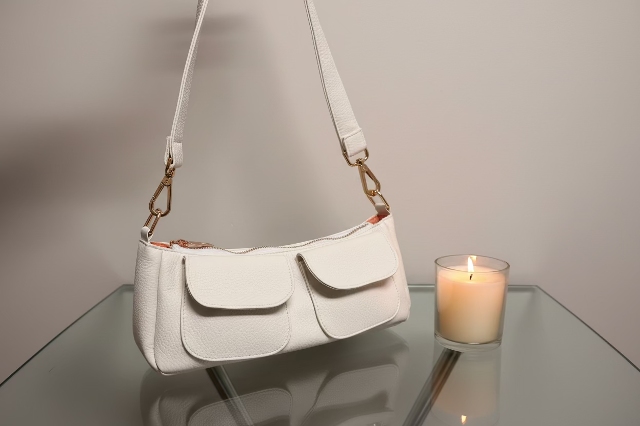 White handbag on a glass surface with a lit candle in the background