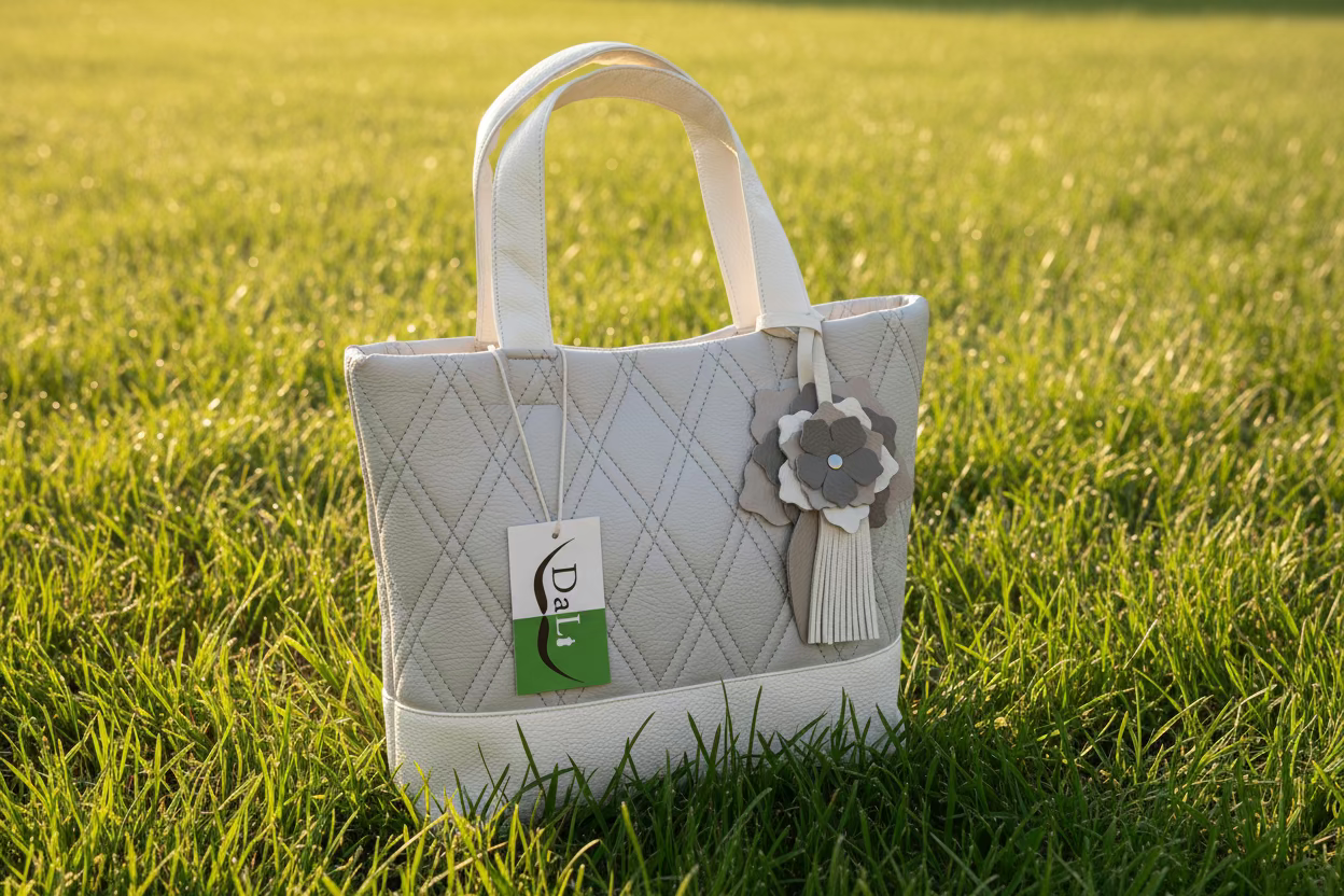 Gray quilted pattern handbag with a flower accessory on grass