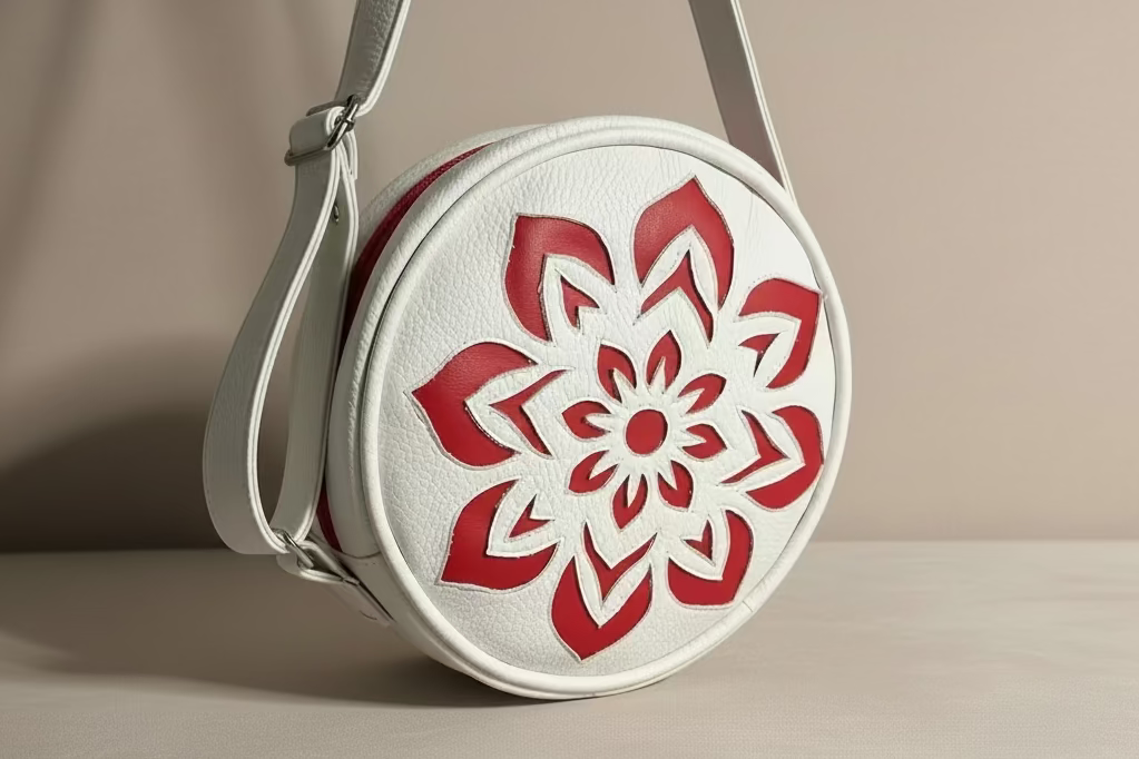 Round white bag with a red floral design on a gray surface