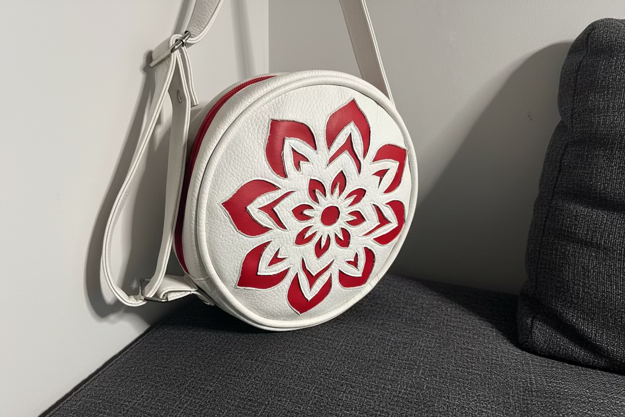 Round white bag with a red floral design on a gray surface