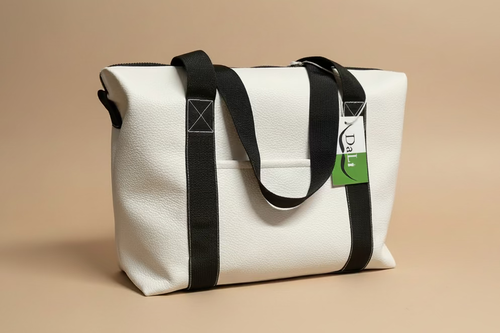 White tote bag with black straps on a dark fabric background
