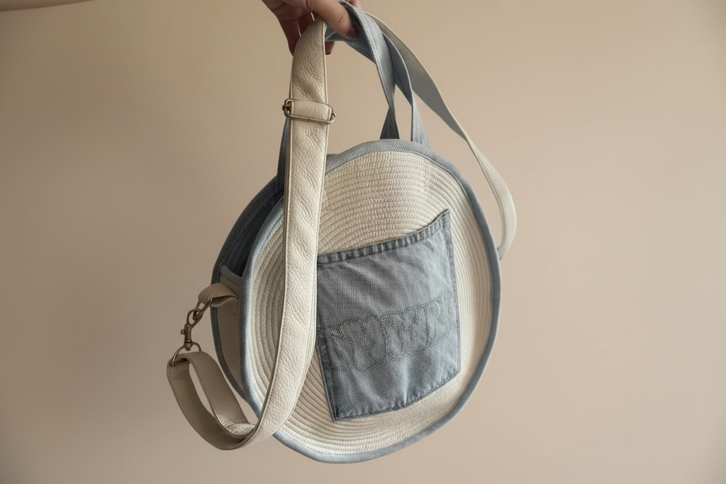 Round handbag with denim pocket held against a wooden wall.