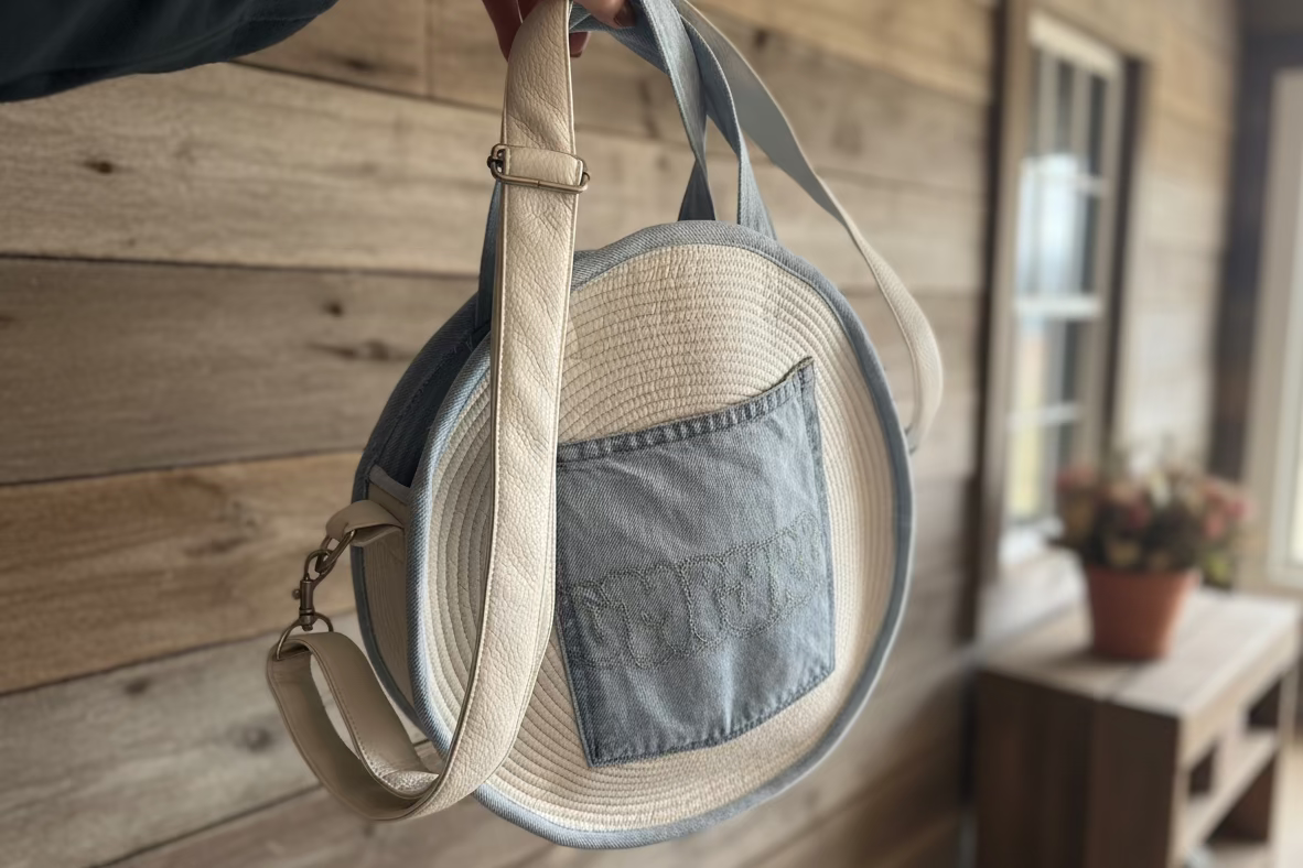 Round handbag with denim pocket held against a wooden wall.