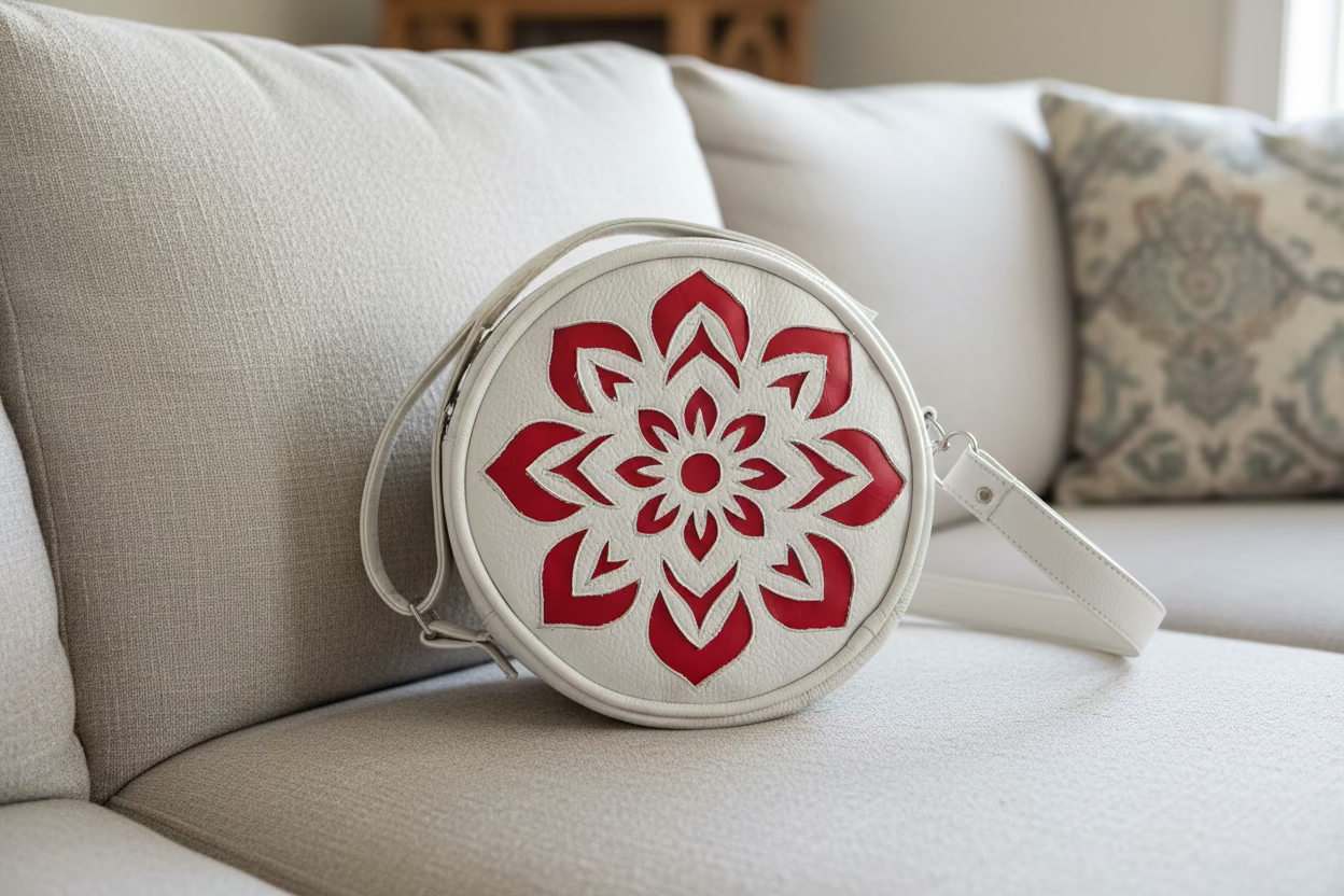 Round white bag with red floral design on a light grey couch