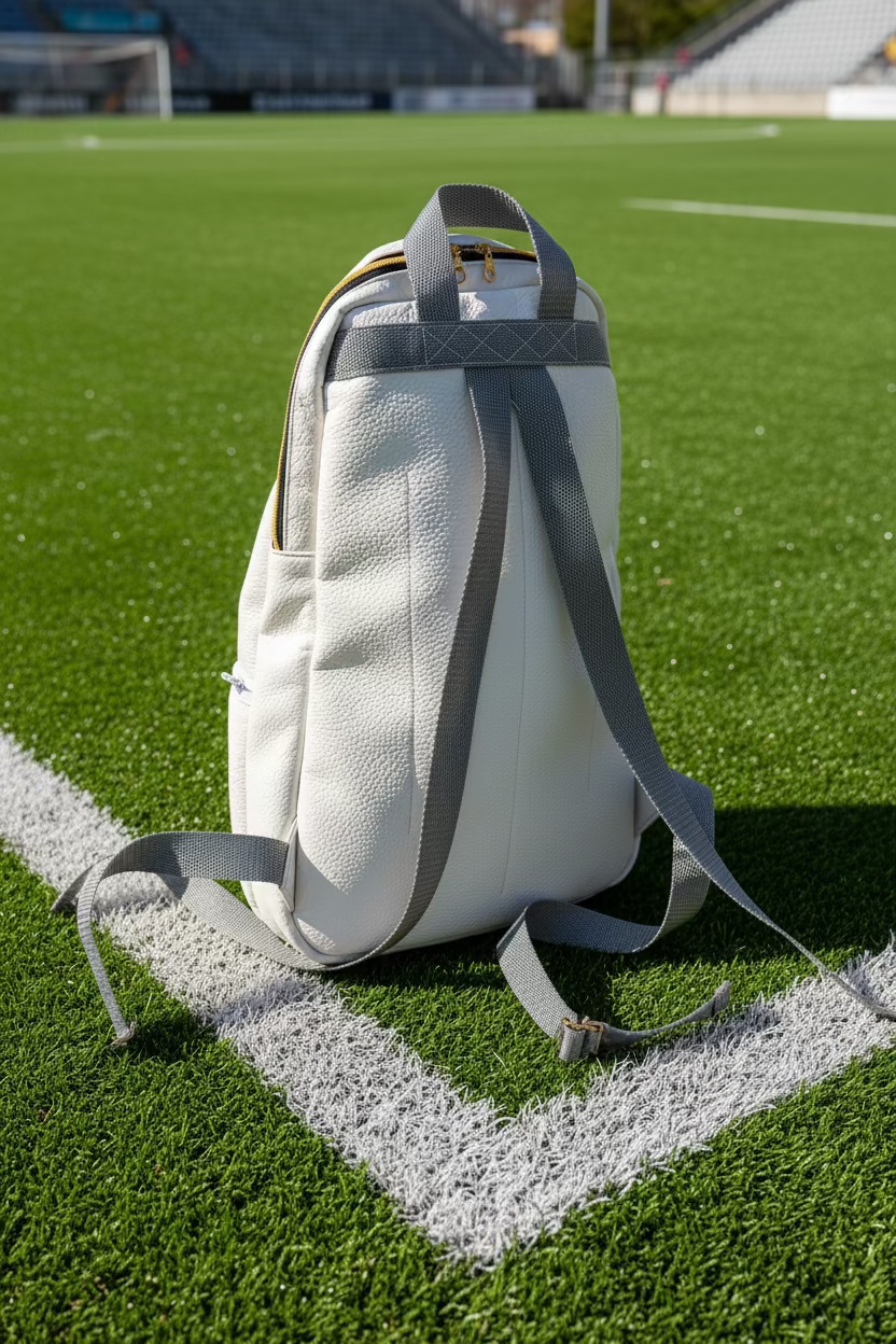 White backpack with gray straps on a soccer field
