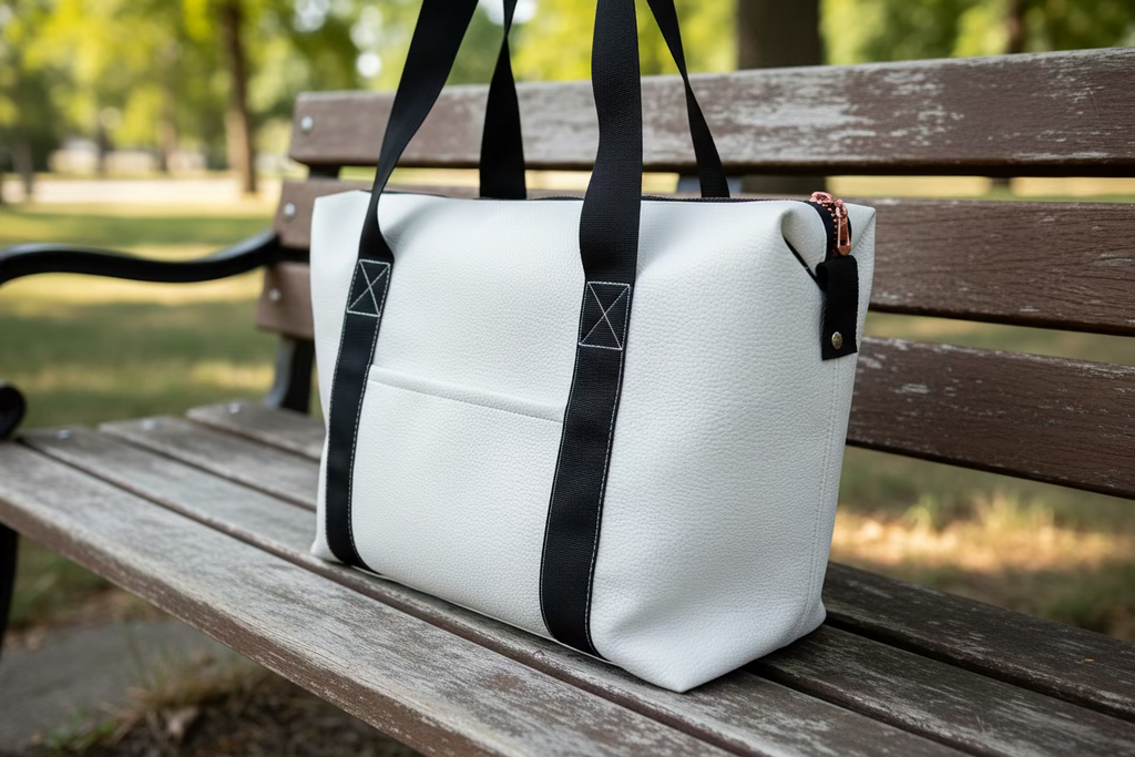 White tote bag with black straps on a wooden bench in a park