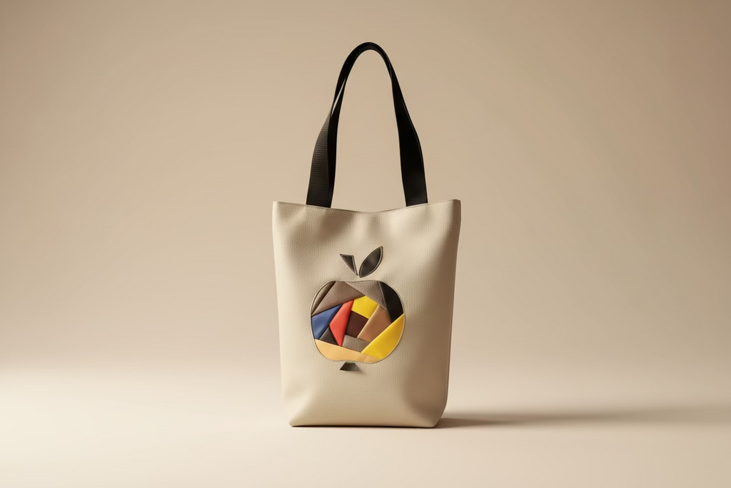 Tote bag with apple design on a wooden table with an open book and red apple.