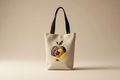 Tote bag with apple design on a wooden table with an open book and red apple.