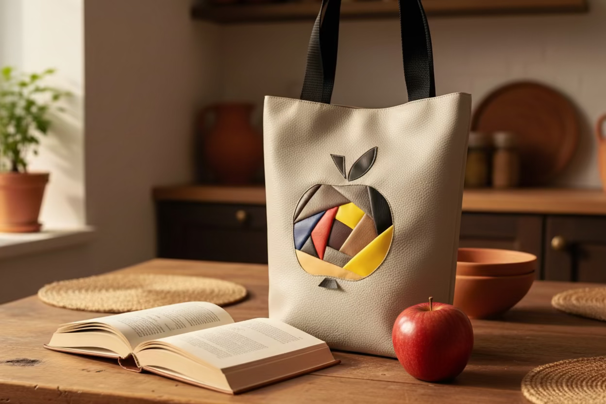 Tote bag with apple design on a wooden table with an open book and red apple.