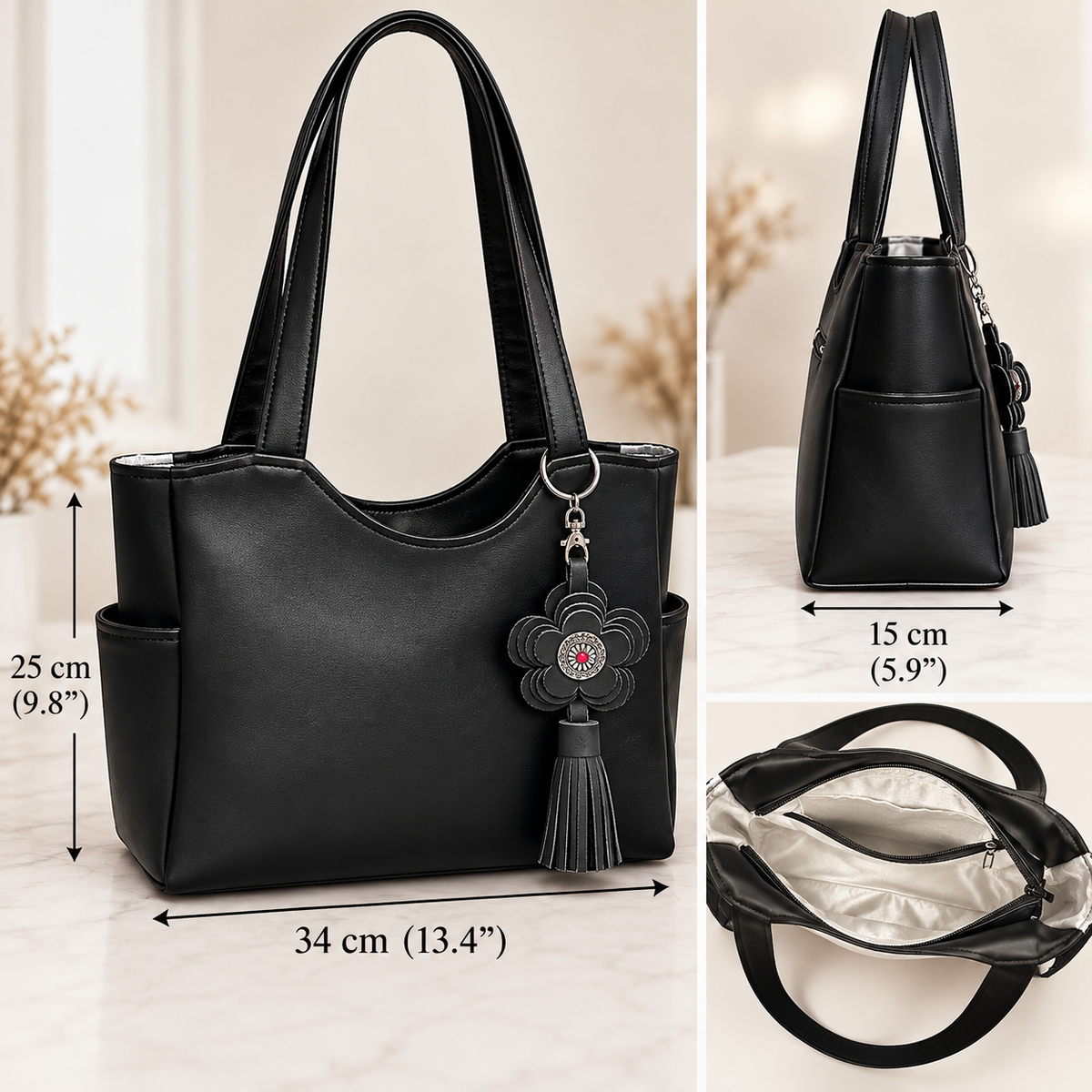 Black Faux Leather Tote Bag with Leather Flower & Tassel Charm