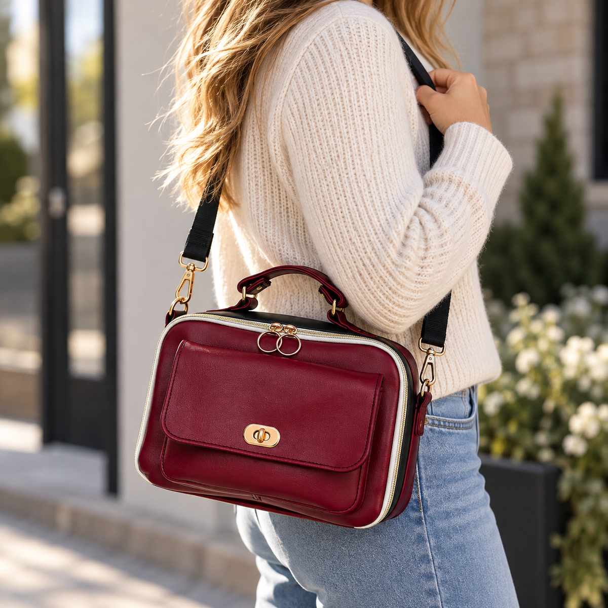 Burgundy Faux Leather Handbag & Crossbody Bag