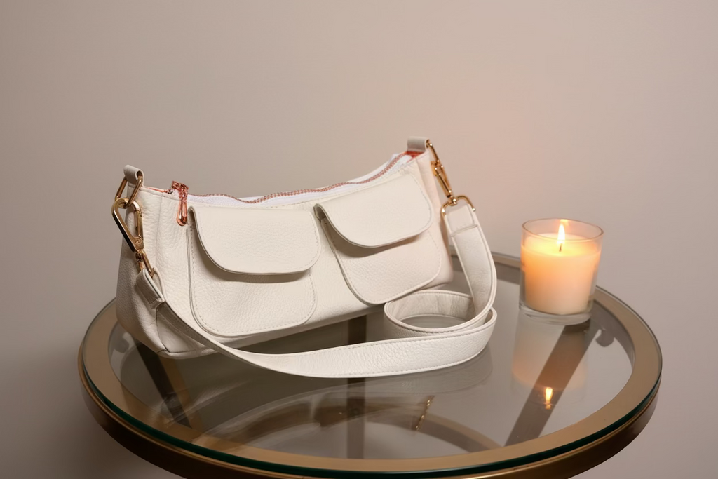 White handbag on a glass table with a lit candle in the background