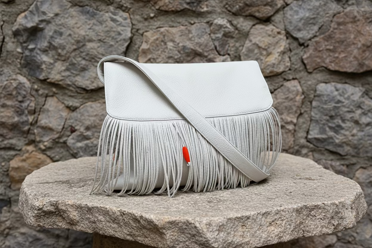 White handbag with fringe on a stone surface against a stone wall background
