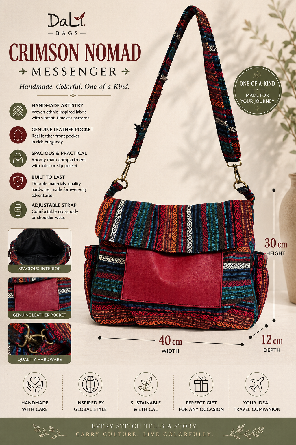 Handmade Boho Messenger Bag with Genuine Leather Pocket