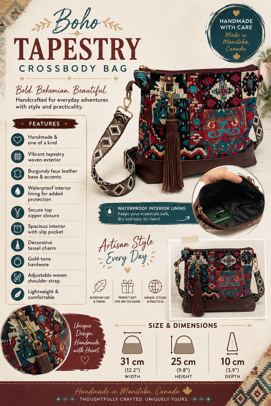 Boho Tapestry Crossbody Bag – Burgundy & Turquoise Patchwork