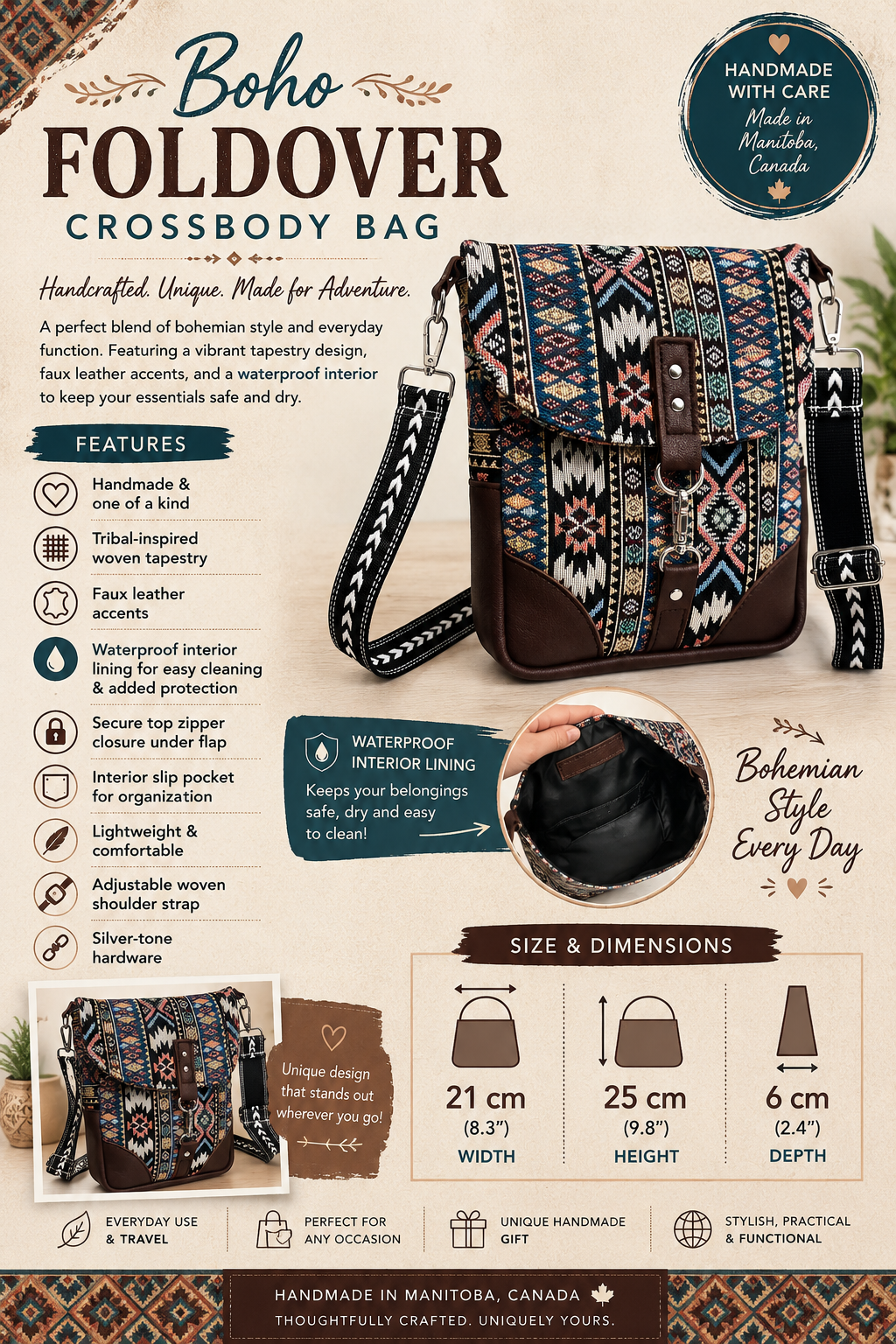 Boho Foldover Crossbody Bag – Tribal Tapestry & Leather