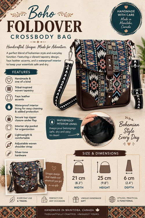 Boho Foldover Crossbody Bag – Tribal Tapestry & Leather