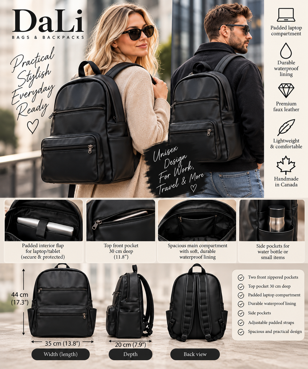 A promotional collage for the DaLi backpack, featuring a woman and a man wearing the black backpack in lifestyle-style views, plus multiple product detail panels with dimensions and feature icons. The image includes the DaLi brand name and text highlighting features such as padded laptop compartment, double waterproof lining, fast leather, and handcrafted in Canada.