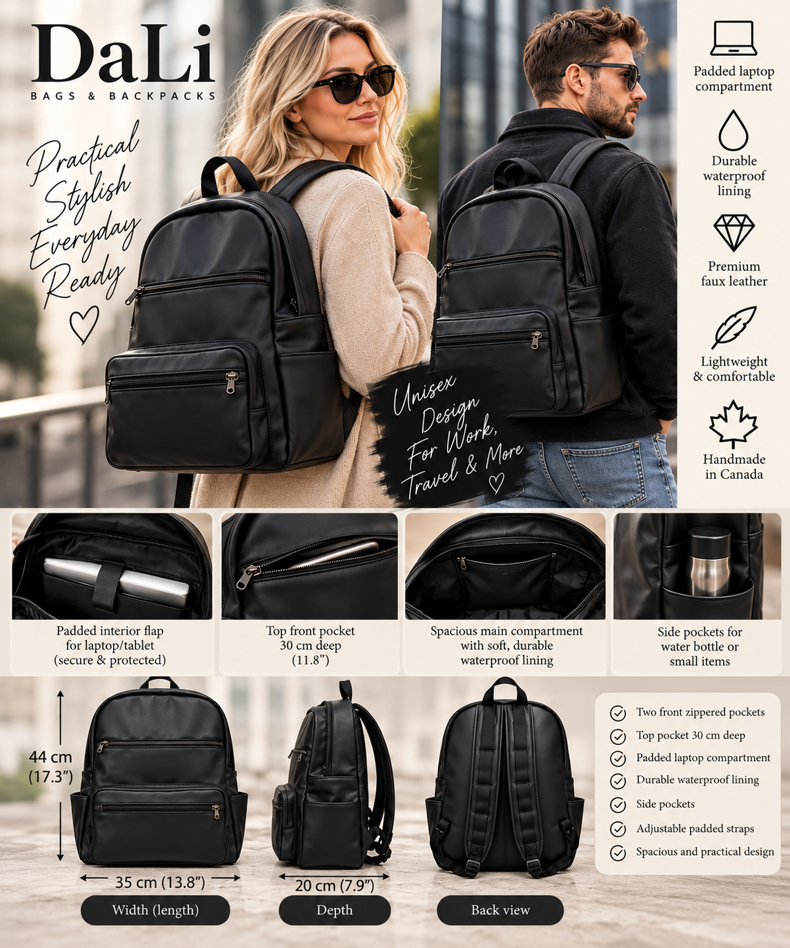 A promotional collage for the DaLi backpack, featuring a woman and a man wearing the black backpack in lifestyle-style views, plus multiple product detail panels with dimensions and feature icons. The image includes the DaLi brand name and text highlighting features such as padded laptop compartment, double waterproof lining, fast leather, and handcrafted in Canada.