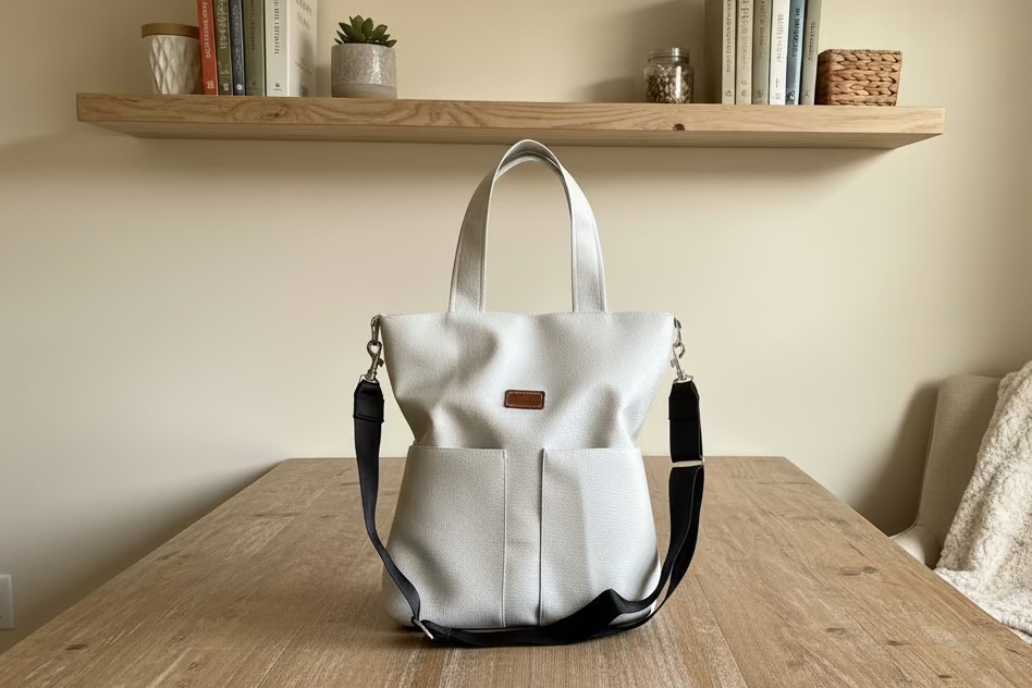 White handbag with black straps on a wooden table with a shelf in the background