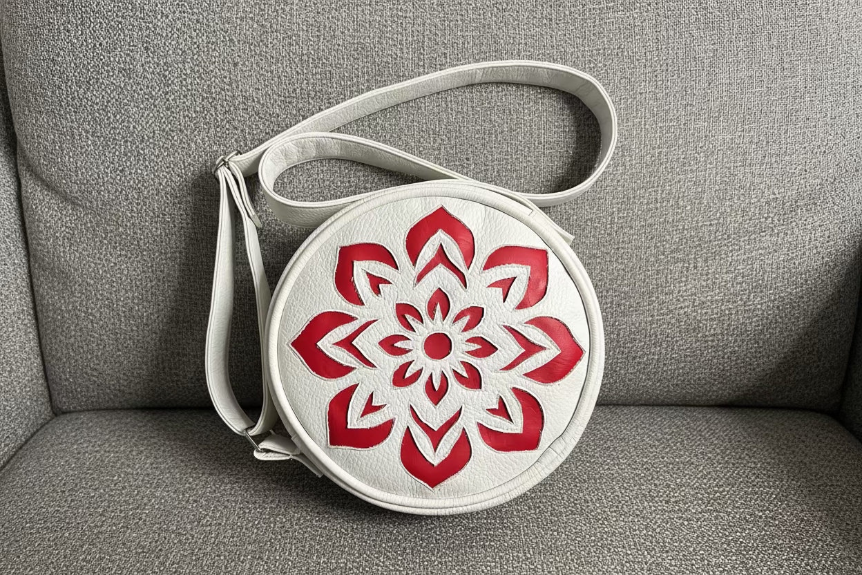 Round white bag with red floral pattern on a gray couch