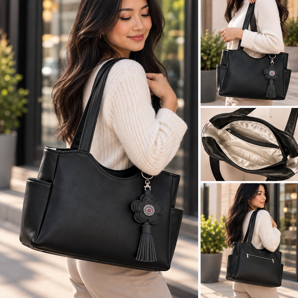Black Faux Leather Tote Bag with Leather Flower & Tassel Charm