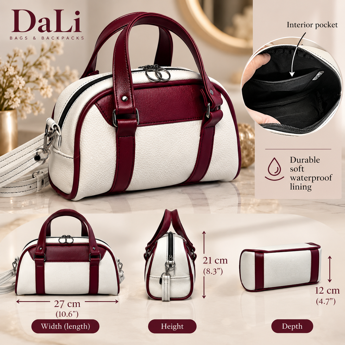 Bordeaux Retro Convertible Handbag - White & Burgundy