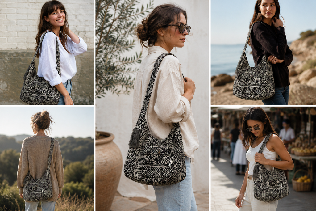 Woman carrying a patterned bag in various outdoor settings