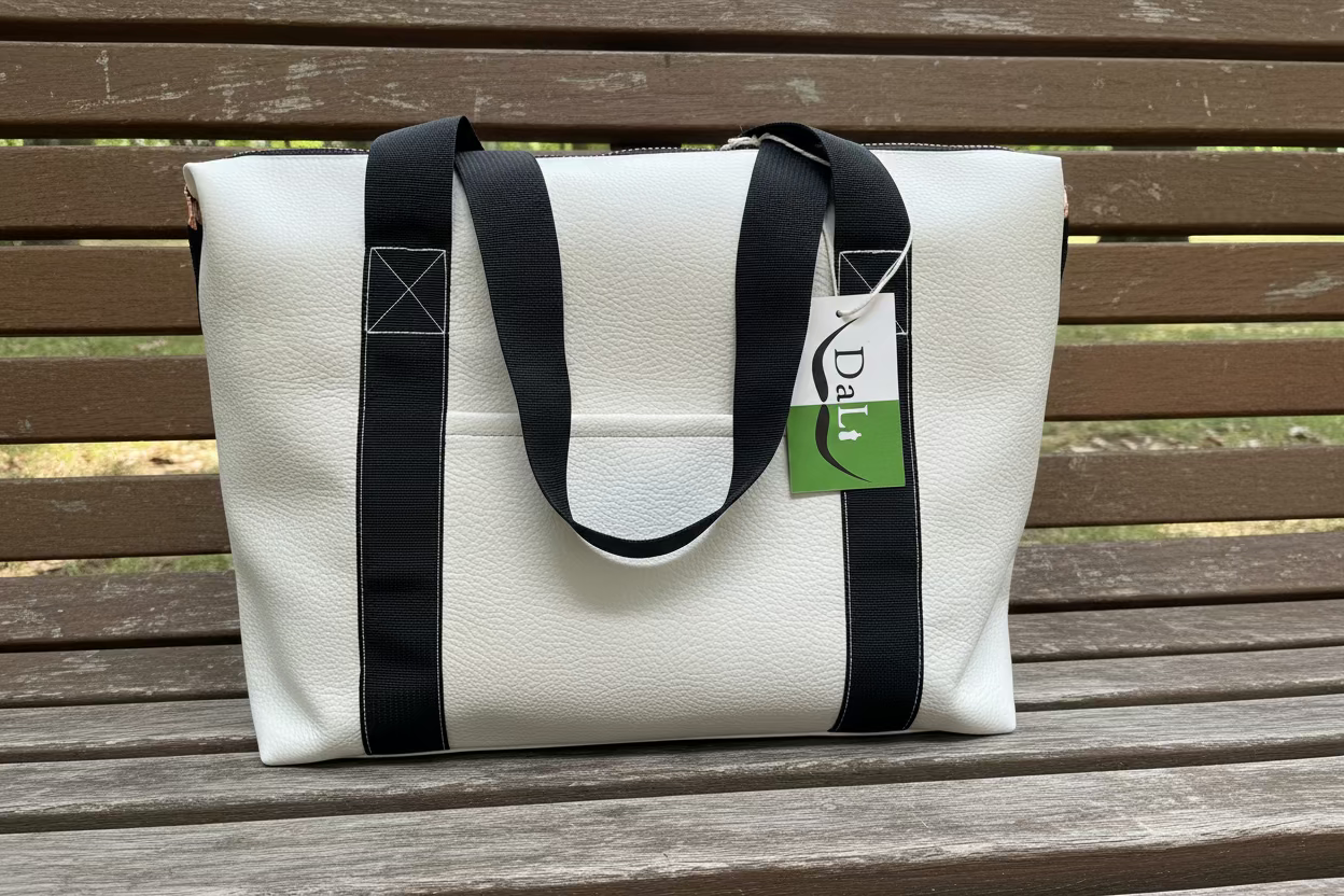 White tote bag with black straps on a wooden bench, featuring a 'Dali' brand tag.