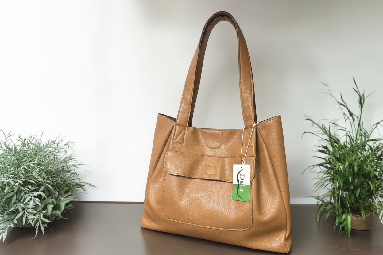 Brown faux leather handbag with a visible brand tag on a reflective surface with plants in the background.