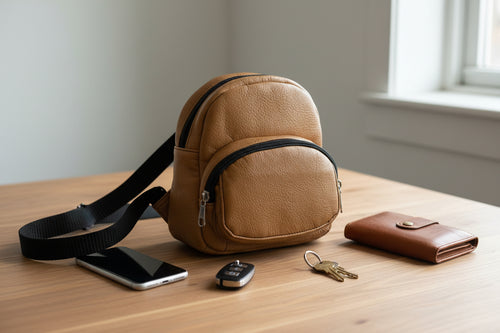 Tan faux leather cross body bag with phone, keys, and wallet on a wooden surface