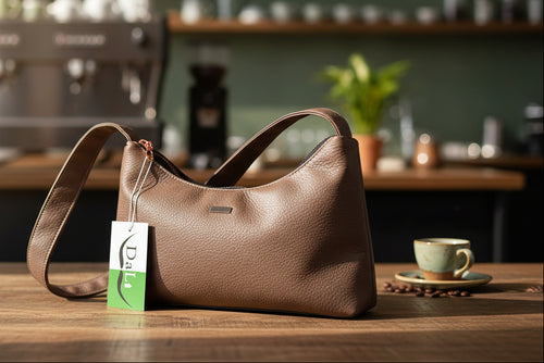 Brown faux leather handbag with a tag on a wooden table in a coffee shop setting