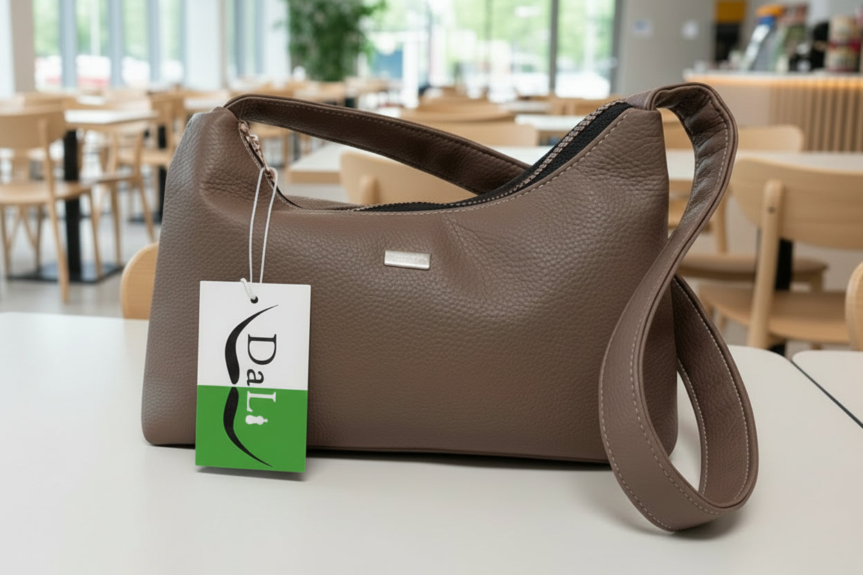 Brown faux leather handbag with a visible brand tag on a table in a blurred indoor setting