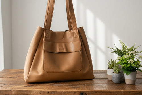 Brown faux leather handbag on a wooden surface with plants in the background