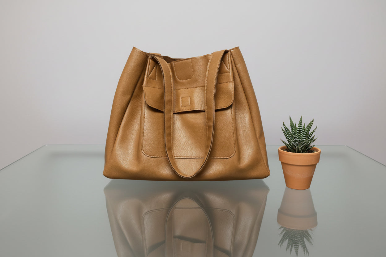 Brown faux leather handbag on a reflective surface with a small potted plant beside it.