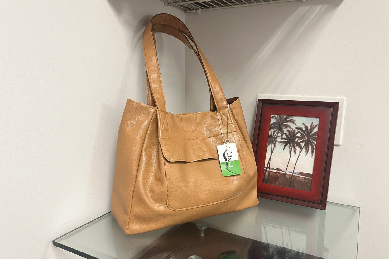 Brown faux leather handbag on a glass surface with a palm tree picture frame in the background
