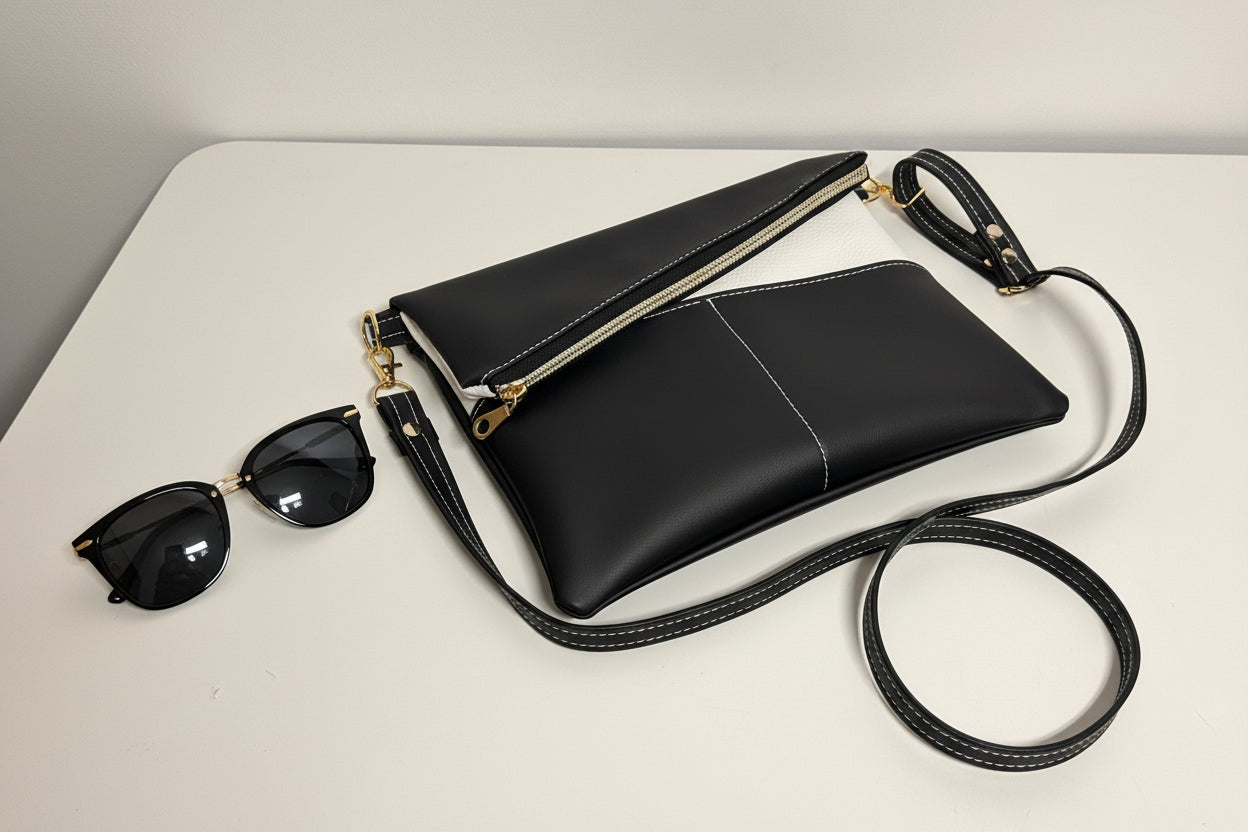 Black crossbody bag with a strap on a light gray background