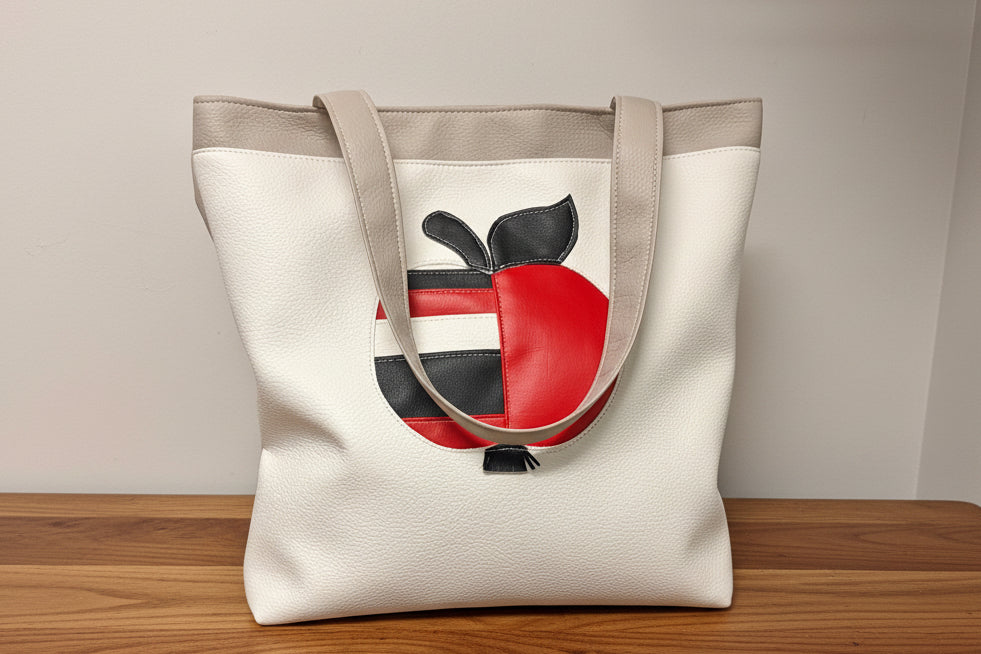 Tote bag with a red and black abstract design on a wooden surface