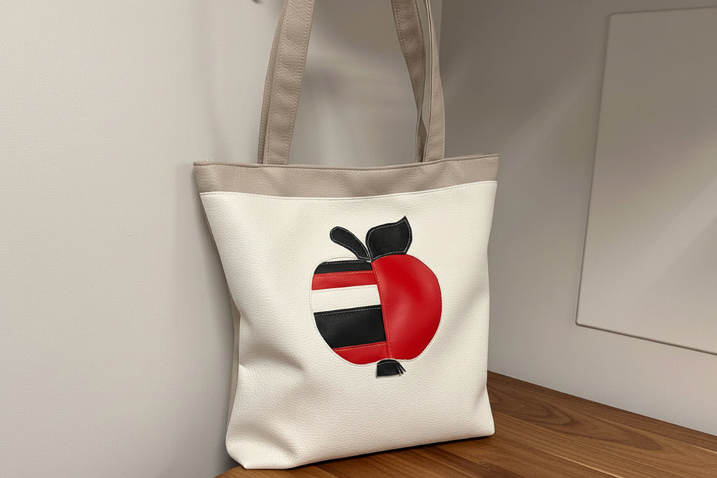Tote bag with a red and black design on a wooden surface