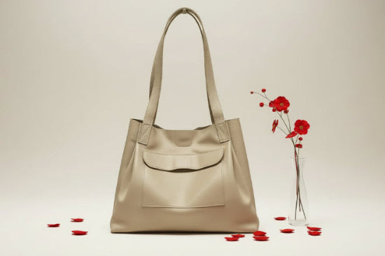 Beige genuine leather handbag on a light beige background with red flowers and petals.