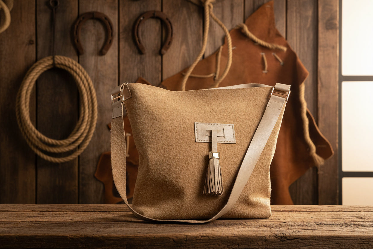 Brown suede leather bag with a tassel on a wooden surface, with a rustic background featuring a horse and horseshoes.
