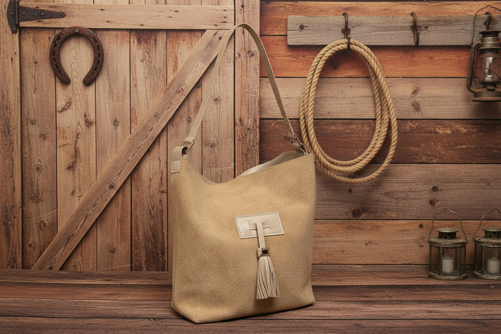 Beige suede leather handbag with a tassel on a wooden background