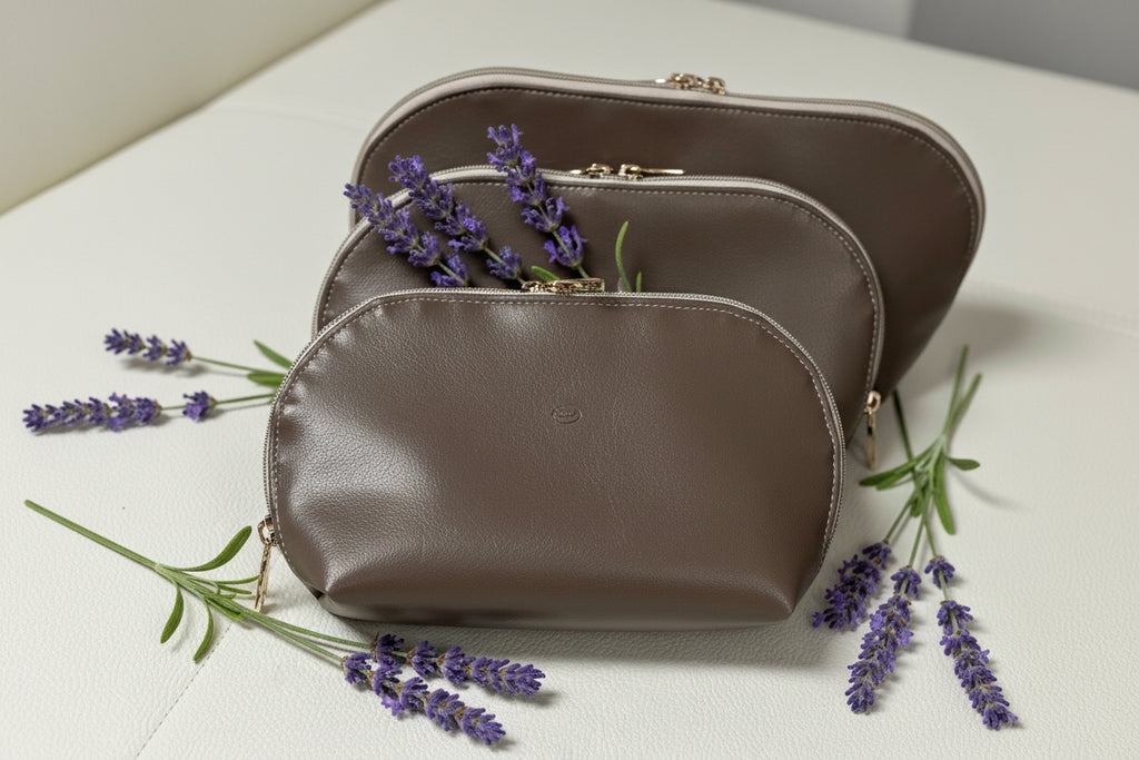 Three brown leather pouches with lavender flowers on a light surface
