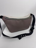 Brown waist bag with a black strap on a white background
