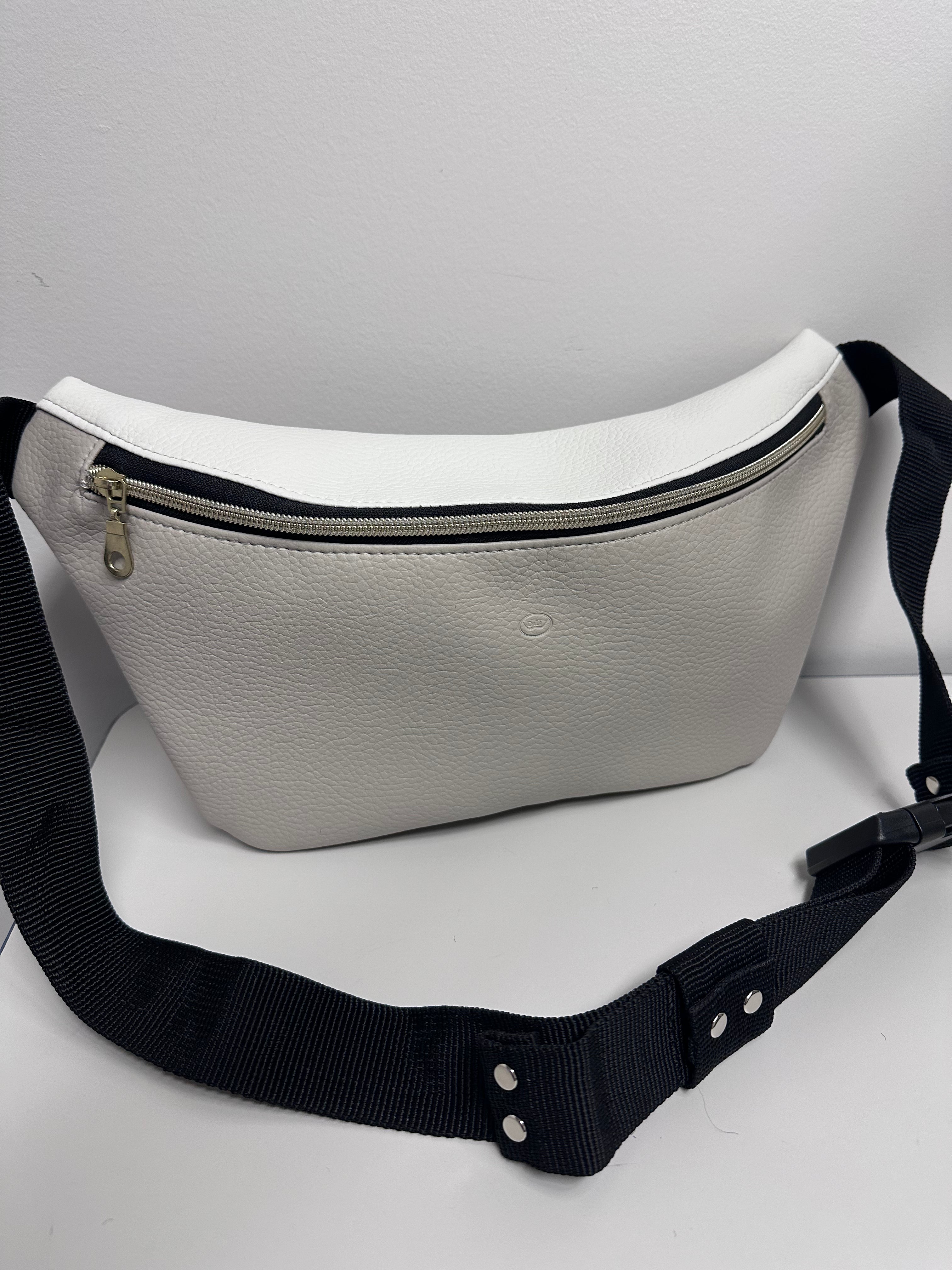 Gray waist bag with black strap on a white background