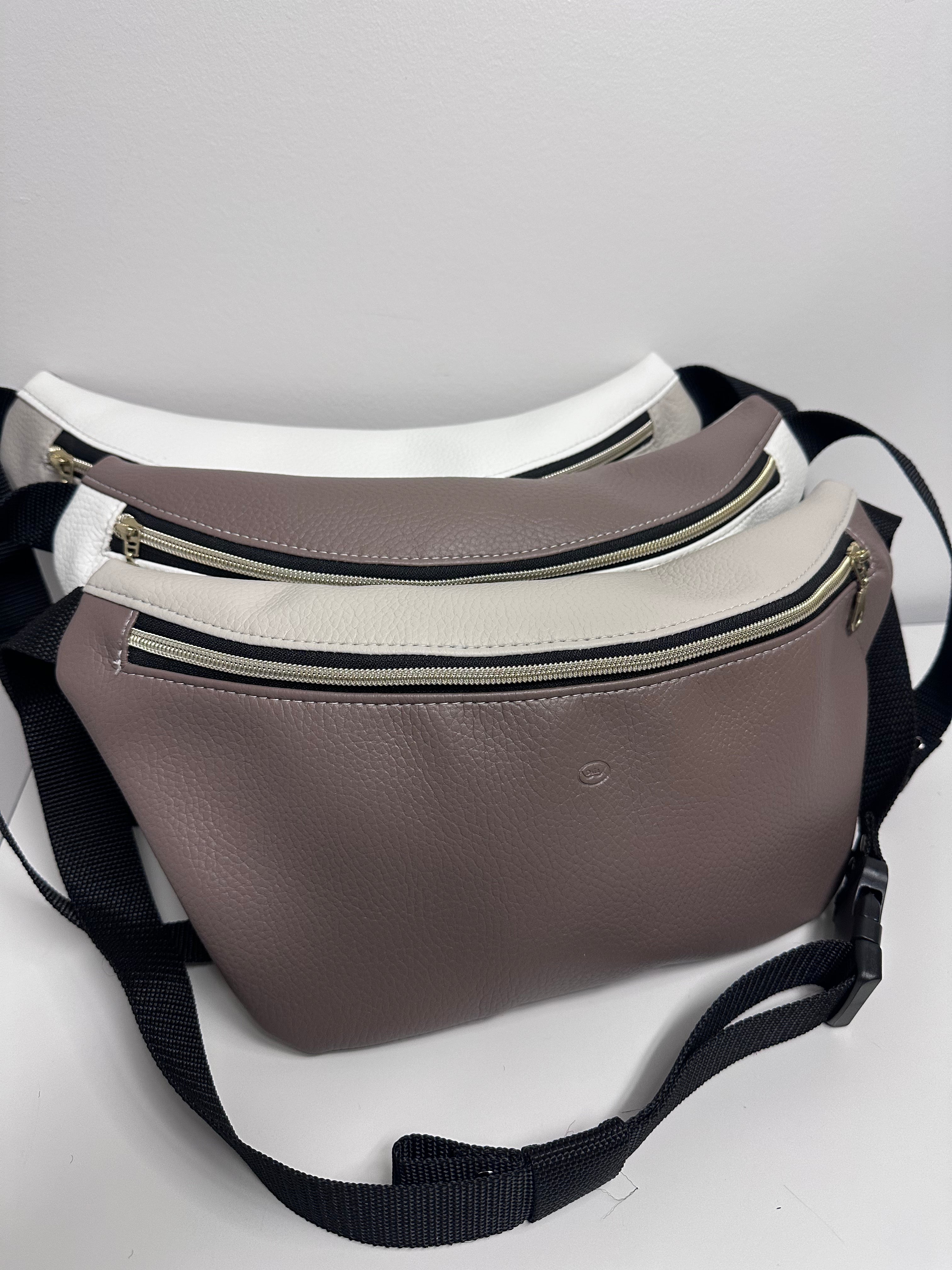 Three waist bags in white, gray, and brown on a light gray background