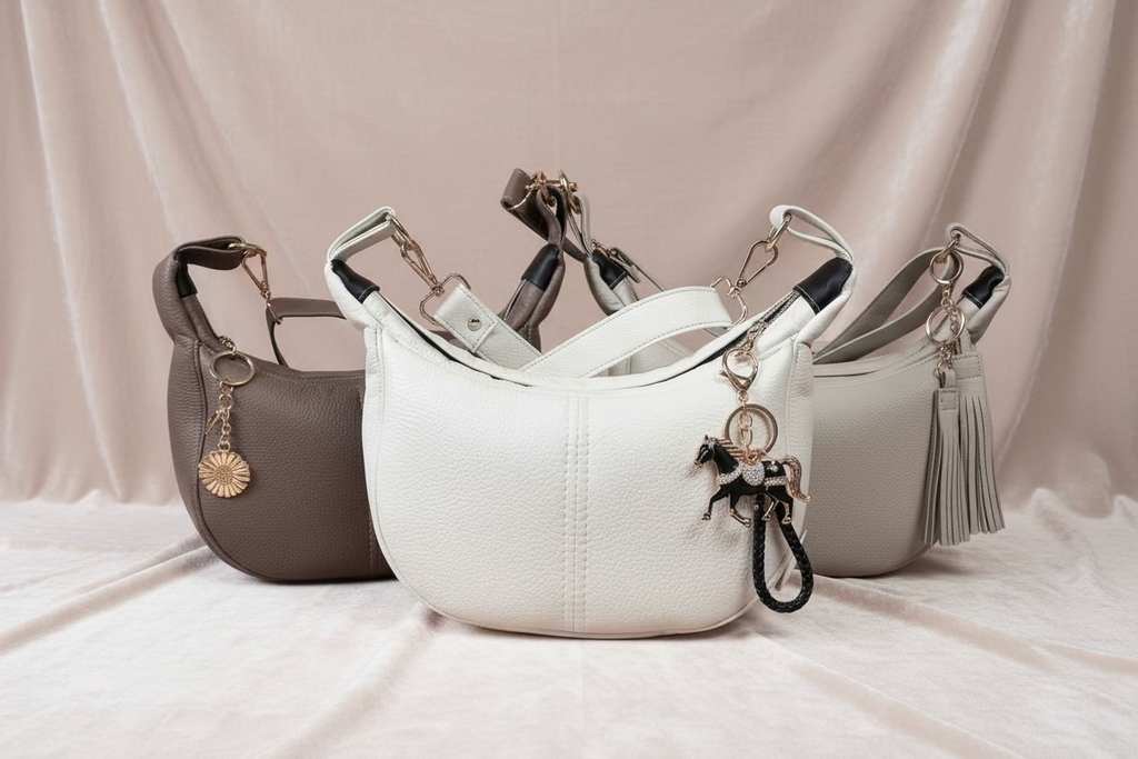 Three handbags in different colors on a white surface with a neutral background