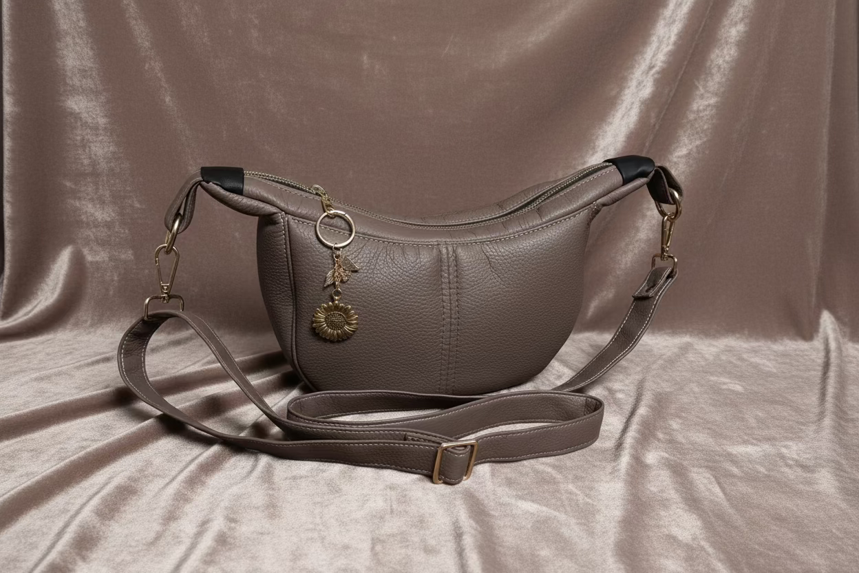 Brown waist bag with a strap on a light gray background