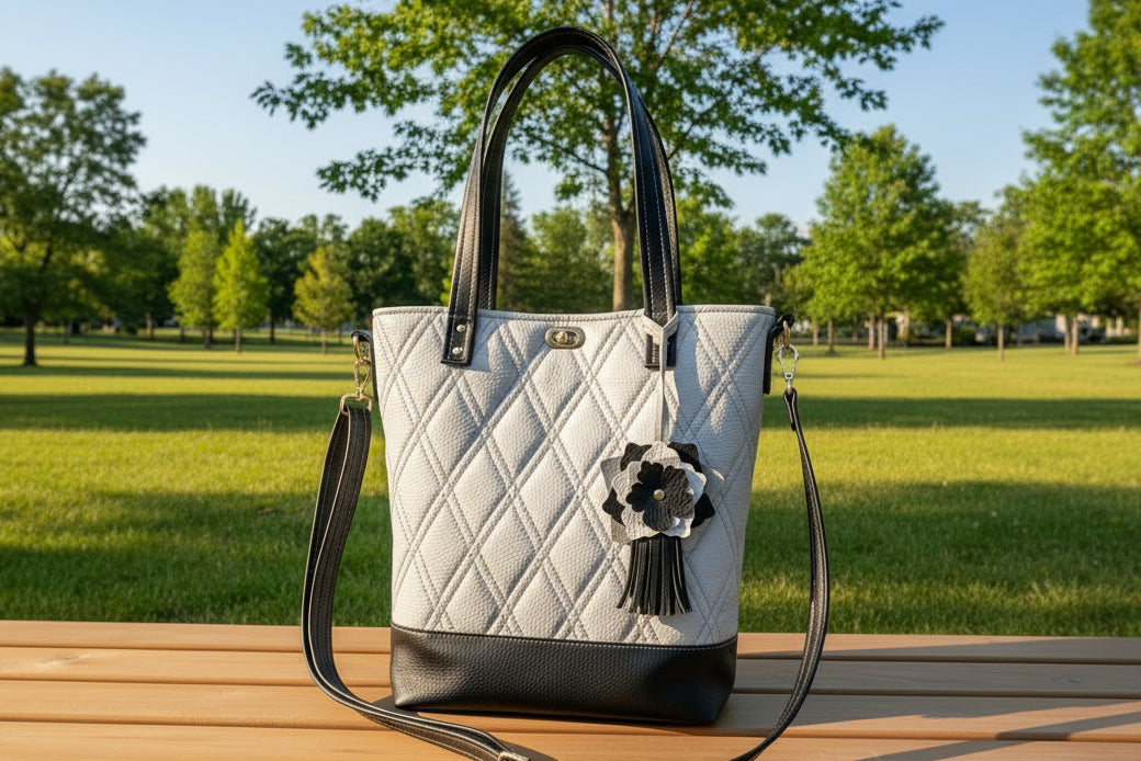 White handbag with black accents and a decorative flower on a light gray background